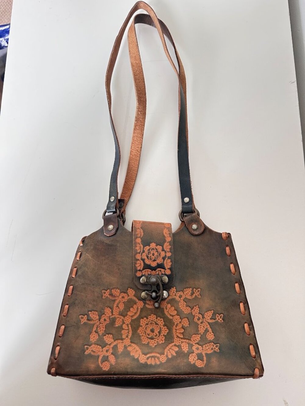 Hand-Tooled Floral Leather Shoulder Bag in Brown and Tan
